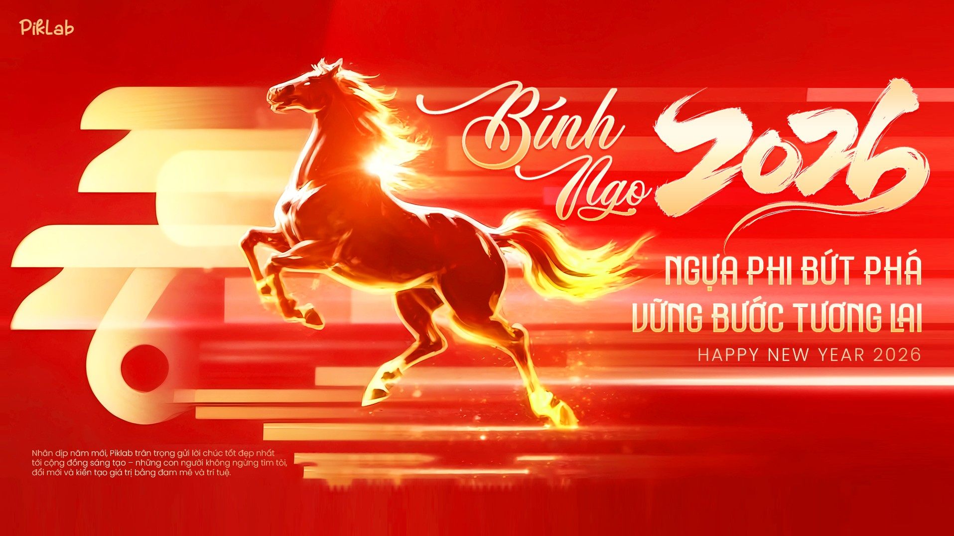 Elegant golden horse silhouette on a textured orange gradient background with 2026 New Year greetings, banner chúc mừng năm mới Bính Ngọ 2026, băng rôn Tết phong cách nghệ thuật, thư chúc Tết tri ân